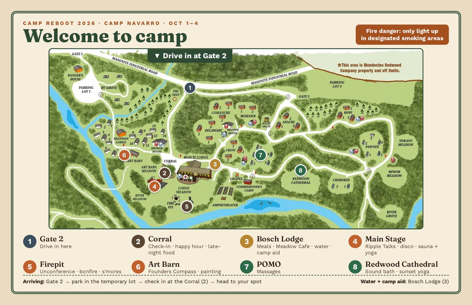 Camp Reboot 2026 map of Camp Navarro with numbered spots: Gate 2, Corral, Bosch Lodge, Main Stage, Firepit, Art Barn, POMO and Redwood Cathedral