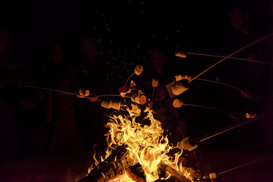 Marshmallows roasting over an open fire under a starry sky
